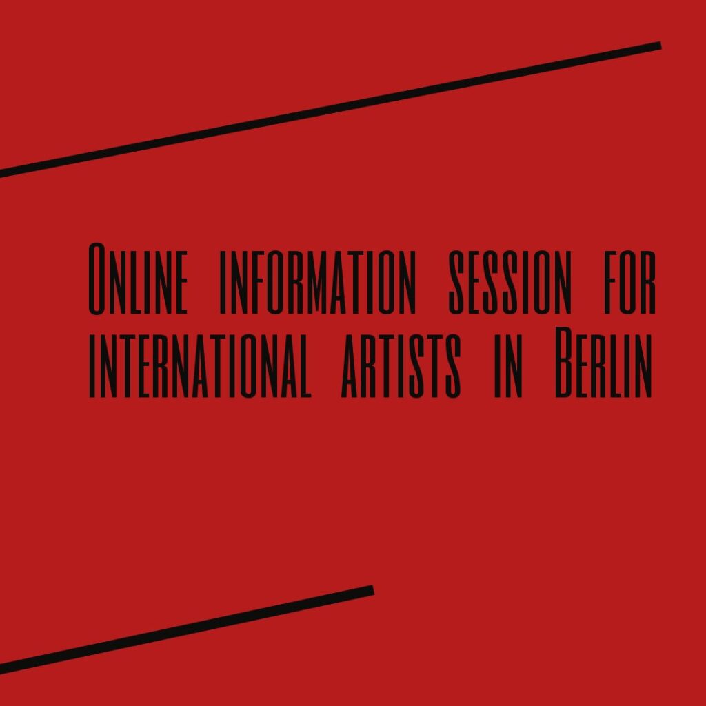 Vor rotem Hintergrund in schwarzer Schrift: Online Information Session für international artists