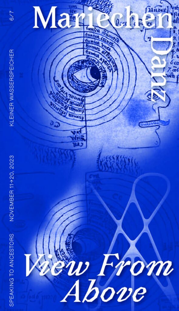 Veranstaltungsplakat, Skizzen des großen Wasserspeichers Prenzlauer Berg auf blauen Hintergrund